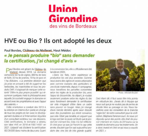 Article de presse Union Girondine des vins de Bord - 1 octobre 2021 - HVE ou Bio ? Ils ont adopté les deux