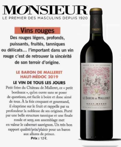 Article de presse Article Monsieur - 2022-04-22 - Le Baron de Malleret, Haut-Médoc 2019, le vin de tous les jours